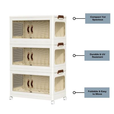 Storage Cabinet with Doors – 3-Layer Wide Foldable Organizer with Wheels and Transparent Panels for Home, Kitchen & Office (White, 3 Layer, 70x42cm)