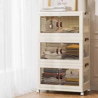 Storage Cabinet with Doors – 3-Layer Wide Foldable Organizer with Wheels and Transparent Panels for Home, Kitchen & Office (White, 3 Layer, 70x42cm)