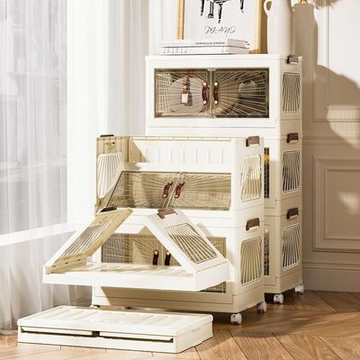 Storage Cabinet with Doors – 4-Tier Extra-Wide Rolling Organizer with Transparent Doors & Foldable Structure (White, 4 Layer, 70x42cm)