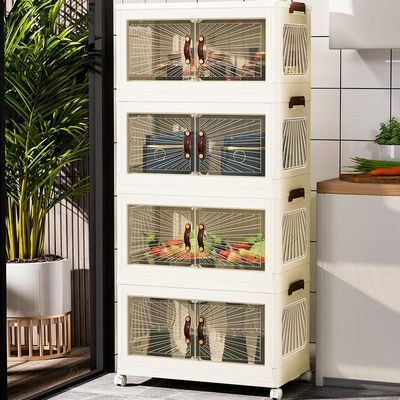 Storage Cabinet with Doors – 4-Tier Extra-Wide Rolling Organizer with Transparent Doors & Foldable Structure (White, 4 Layer, 70x42cm)