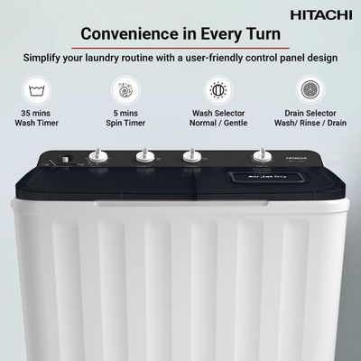 Hitachi 10.5kg Wash 8kg Dryer Twin Tub Top Load Washing Machine | Semi-Automatic | 1350 RPM | Air Jet Dry | White/Mercury Grey | LTTH0JWTMRG