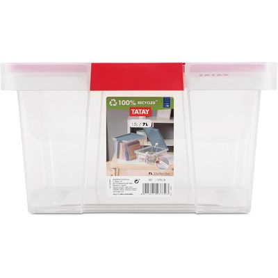 Tatay Storage Box with Lid, 7L Capacity, with Handles, Recycled Pp Lid, Transparent, Bpa Free, Red. Measures 25 X 36 X 13 Cm