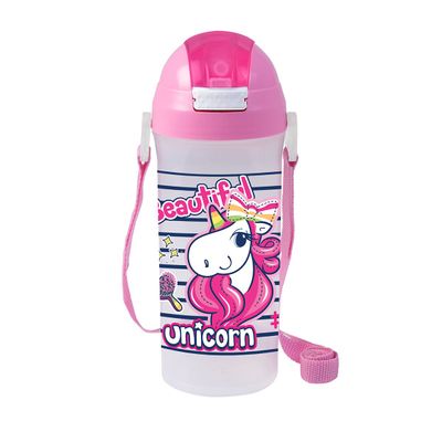 Herevin 610ml Unicorn Printed School Bottle with Straw - BPA-Free Kids Water Bottle Made of PP, TPE, Silicone & Steel, Pink