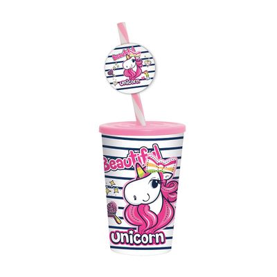 Herevin 340ml Pink Unicorn Printed Kids Tumbler with Fancy Straw – BPA-Free PP Sipper Cup with Secure Lid