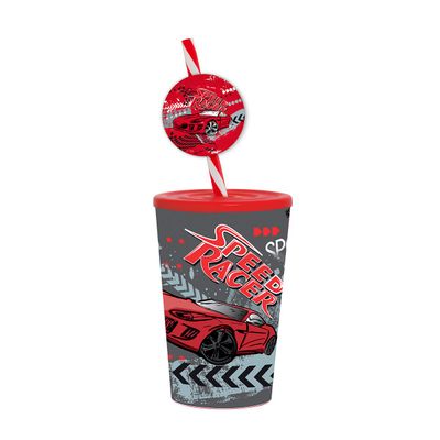 Herevin 340ml Speed Racer Printed Kids Tumbler with Fancy Straw – Multicolor BPA-Free PP Sipper Cup with Secure Lid