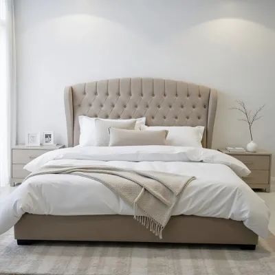 Fabric Upholstered Bed Frame  Classic European Style - Noise-Free Platform Bed, Free Assembly Beige Super King Size 200*200 
