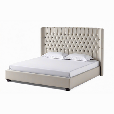 Velvet Upholstered Bed Frame  Classic European Style - Noise-Free Platform Bed, Free Assembly Beige Super King Size 200*200 
