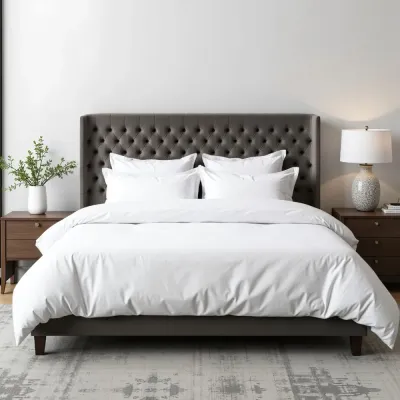 Velvet Upholstered Bed Frame  Classic European Style - Noise-Free Platform Bed, Free Assembly Gray Queen Size 160*200 
