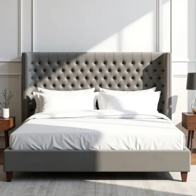 Velvet Upholstered Bed Frame  Classic European Style - Noise-Free Platform Bed, Free Assembly Gray Super King Size 200*200 