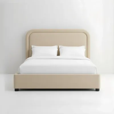 King Size Velvet Upholstered Platform Bed - Minimalist Style  Beige 