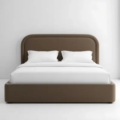 King Size Velvet Upholstered Platform Bed - Minimalist Style  Brown 