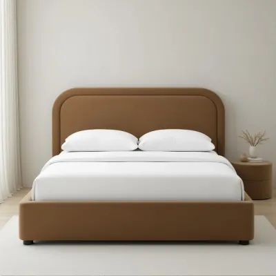 King Size Velvet Upholstered Platform Bed - Minimalist Style  Coffee 