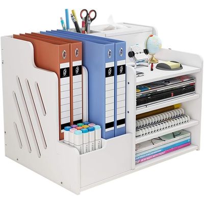 White Desktop Organiser, Large Capacity Desk File Organiser Office Stationery Desk Tidy Storage Rack Sorter for A4 Papers, Pens, Books, Letters and Documents