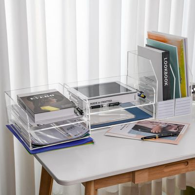 Clear Acrylic Organizer Tray Tier Stackable Office File Storage?Split Type Can be Pulled Out?Storage Drawers for Letter/A4 Paper/Magazine (2 Tray Vertical)
