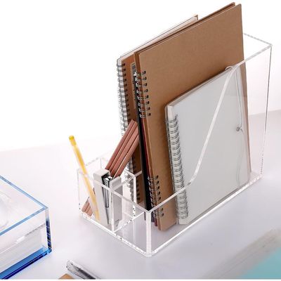 Acrylic File Organizer with Pencil Holder â€‹Multi-Functional Clear Desk Accessories Organizer with 2 Slot Magazine Book Sorter Holder , 3 Compartments