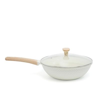 Ceramic Non-Stick Lattice Series 28 CM Wok With Lid – Induction Compatible, Premium Cream Finish