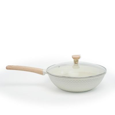 Ceramic Non-Stick Lattice Series 28 CM Wok With Lid – Induction Compatible, Premium Cream Finish