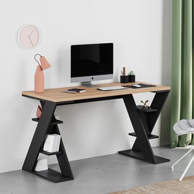 Mourah Home Papillon Modern Working Table With Storage, Study Desk With Open Shelves For Office, Home- 60X75X137 Cm (Oak/Black)