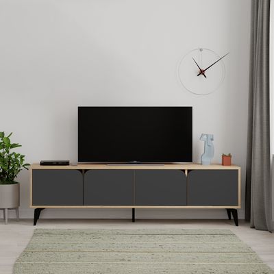 Mourah Home Spark Tv Stand Cabinet With Metal Legs Up To 70'' Inch Tv| Tv Stand 4 Door| Tv Console| 180X35.6X35 Cm (Oak/Black)