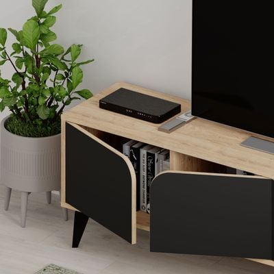 Mourah Home Spark Tv Stand Cabinet With Metal Legs Up To 70'' Inch Tv| Tv Stand 4 Door| Tv Console| 180X35.6X35 Cm (Oak/Black)