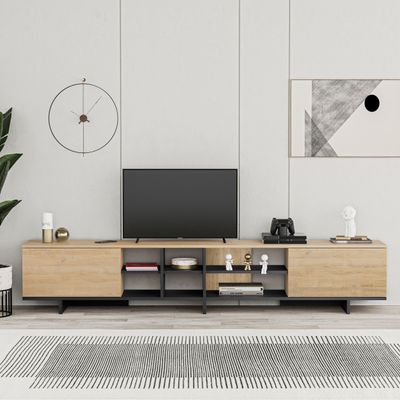Mourah Home Stockton Modern TV Stand Up To 85 Inch Entertainment Unit,2-door 2-Tier, TV Cabinet For Living Room With Storage - 35.6x44x230 CM - Oak/Black