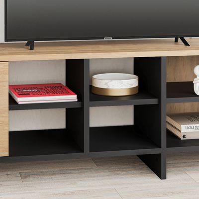 Mourah Home Stockton Modern TV Stand Up To 85 Inch Entertainment Unit,2-door 2-Tier, TV Cabinet For Living Room With Storage - 35.6x44x230 CM - Oak/Black
