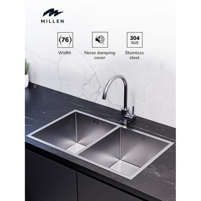 Premium Handmade Undermount Double Bowl Sink  - SUS 304 Stainless Steel, Soundproof, Satin Finish