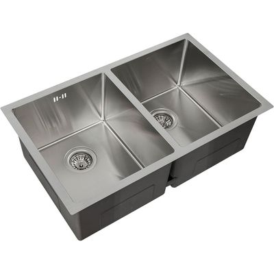 Premium Handmade Undermount Double Bowl Sink  - SUS 304 Stainless Steel, Soundproof, Satin Finish