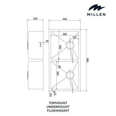 Premium Handmade Undermount Double Bowl Sink  - SUS 304 Stainless Steel, Soundproof, Satin Finish