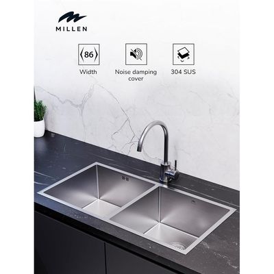 Premium Handmade Undermount Double Bowl Sink  - SUS 304 Stainless Steel, Soundproof, Satin Finish