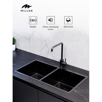 Premium Handmade Undermount Double Bowl Sink  - SUS 304 Stainless Steel, Soundproof, Gunmetal Satin Finish