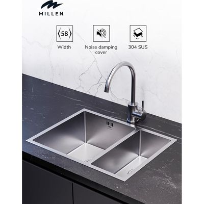 Premium Handmade Undermount Double Bowl Sink  - SUS 304 Stainless Steel, Soundproof, Satin Finish