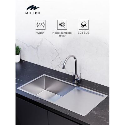 Premium Handmade Undermount Single Bowl Sink With Drainer - SUS 304 Stainless Steel, Soundproof, Satin Finish