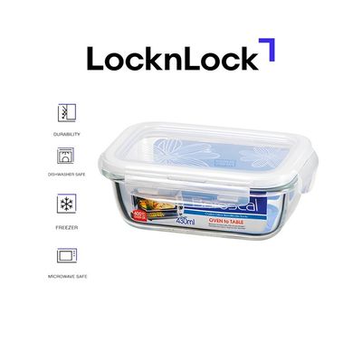 LocknLock 430ml Oven-Safe Borosilicate Glass Rectangular Container with Airtight Lid – Microwave, Freezer, and Dishwasher Safe