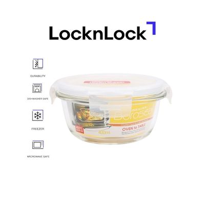 LocknLock 400ml Oven-Safe Borosilicate Glass Round Container with Airtight Lid – Microwave, Freezer, and Dishwasher Safe