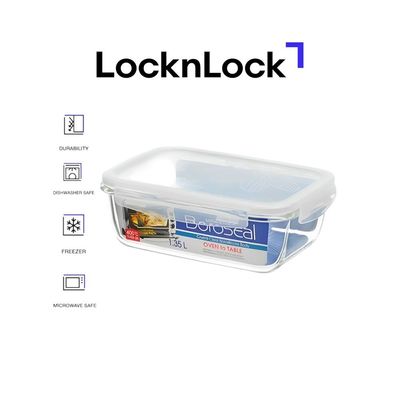 LocknLock 1.35L Oven-Safe Borosilicate Glass Rectangular Container with Airtight Lid – Microwave, Freezer, and Dishwasher Safe