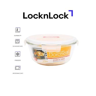 LocknLock 870ml Oven-Safe Borosilicate Glass Round Container with Airtight Lid – Microwave, Freezer, and Dishwasher Safe