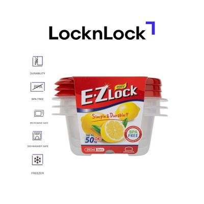 LocknLock EzLock 250ml Square Food Storage Containers – Set of 3, Stackable & Microwave-Safe