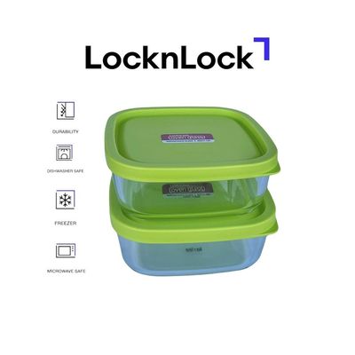 LocknLock 320ml Oven Glass Square with Easy Seal Lid (Pack of 2) – Airtight, Leak-Proof, Microwave & Freezer Safe