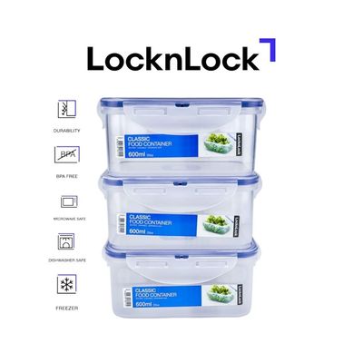 LocknLock 600ml Rectangle Airtight Food Storage PACK OF 3 – BPA-Free, Microwave, Freezer, and Dishwasher Safe
