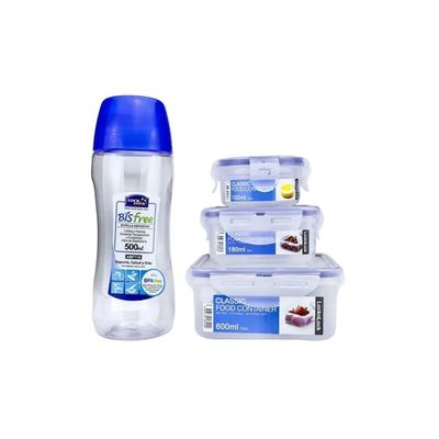 LocknLock Essentials Bundle – Round (100ml), Rectangle (180ml), Square (600ml) Food Containers & 500ml Tritan Sports Water Bottle with Straw