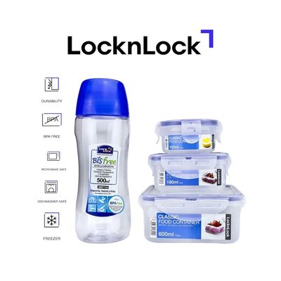 LocknLock Essentials Bundle – Round (100ml), Rectangle (180ml), Square (600ml) Food Containers & 500ml Tritan Sports Water Bottle with Straw