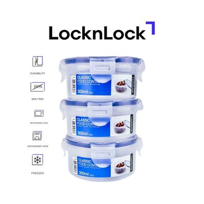 LocknLock 300ml Round Airtight Food Storage PACK OF 3 – BPA-Free, Microwave, Freezer, and Dishwasher Safe