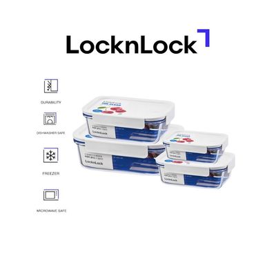 LocknLock Clear Glass Rectangular Food Container 4-pieces Set, White – Airtight, Heat-Resistant, BPA-Free Food Storage Container