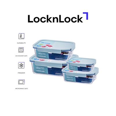LocknLock Clear Glass Rectangular Food Container 4-pieces Set, Mint – Airtight, Heat-Resistant, BPA-Free Food Storage Container