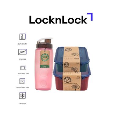 LocknLock Eco Square Food Container 3-pcs Set – Airtight, Leak-Proof, Microwave, Freezer & Dishwasher Safe – Assorted Colors