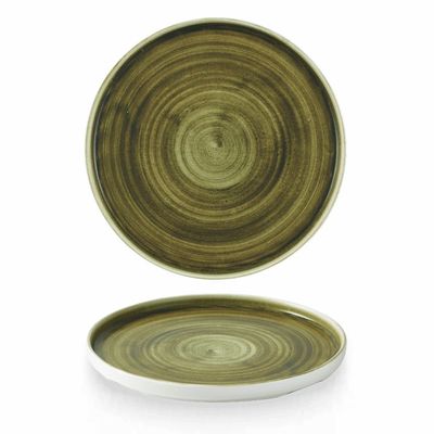 Churchill Stonecast Plume Olive Walled Plate, 26 cm, White Base with Olive Green Swirl Pattern - Set of 2