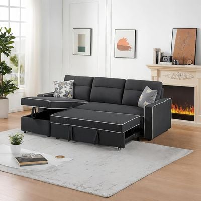  3-Seater Diwan Sofa Cum Bed With Convertible Left/Right Chaise & In-Built Storage | Grey Textured Finish | Space-Saving Living Room Furniture (Grey)