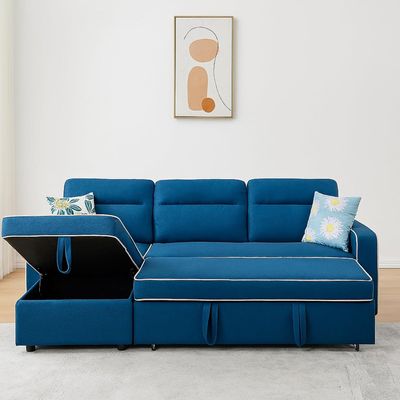  3-Seater Diwan Sofa Cum Bed With Convertible Left/Right Chaise & In-Built Storage | Grey Textured Finish | Space-Saving Living Room Furniture (Blue)