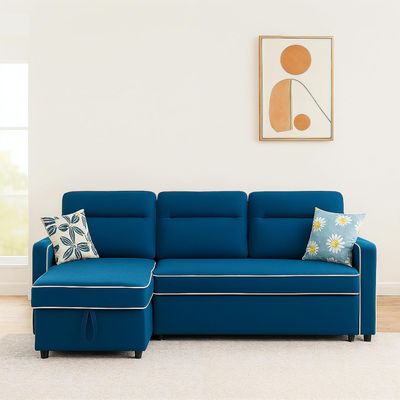  3-Seater Diwan Sofa Cum Bed With Convertible Left/Right Chaise & In-Built Storage | Grey Textured Finish | Space-Saving Living Room Furniture (Blue)